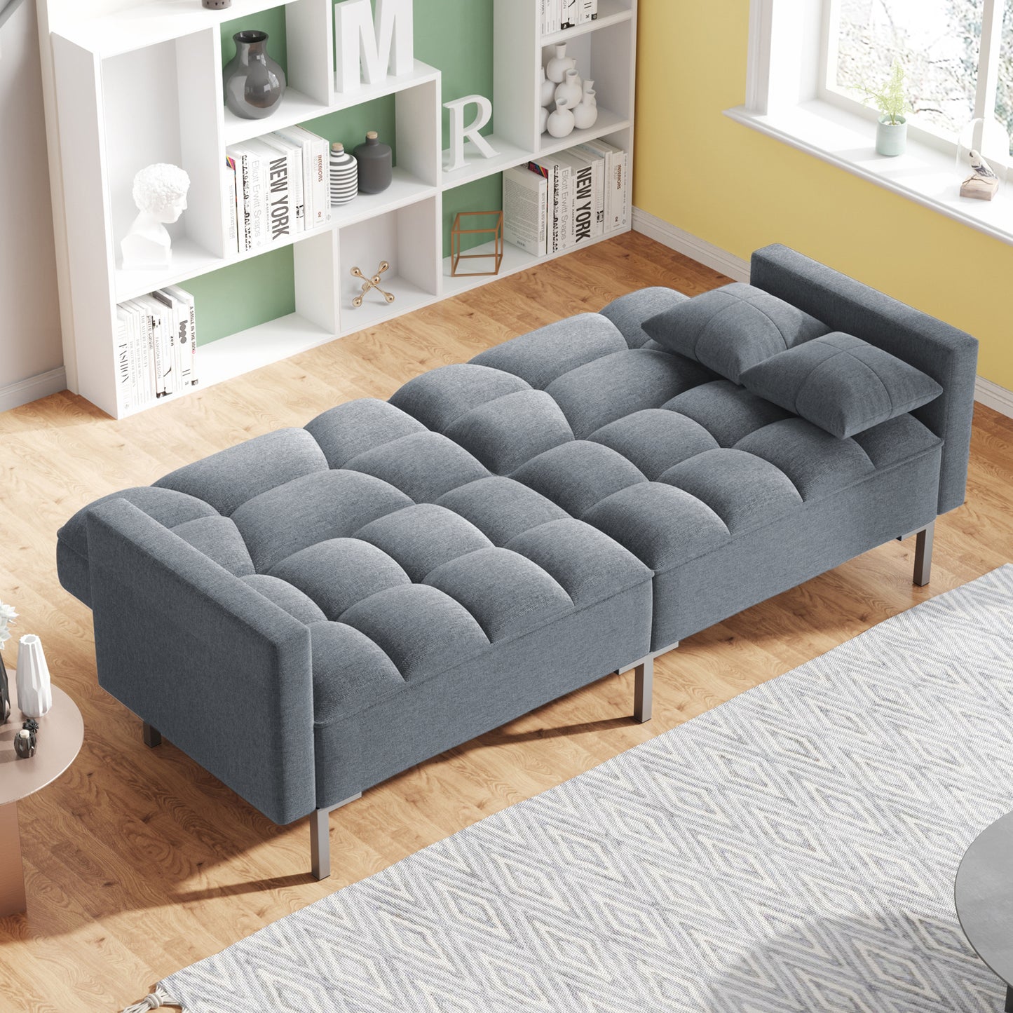 Modern Linen Upholstered Convertible Folding Futon Sofa Bed for Compact Living Space, an Apartment or Dorm