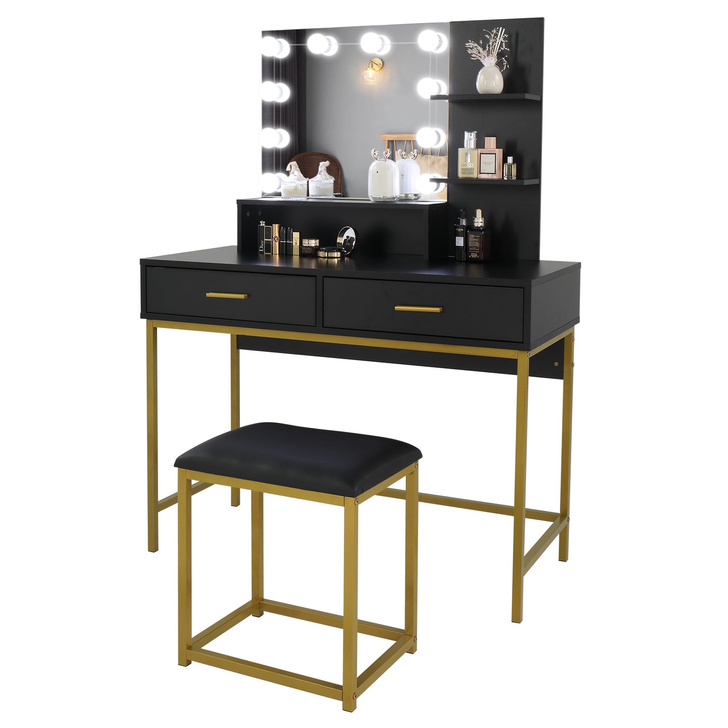 FCH Large Vanity Set with 10 LED Bulbs, Makeup Table with Cushioned Stool, 3 Storage Shelves and 2 Drawers