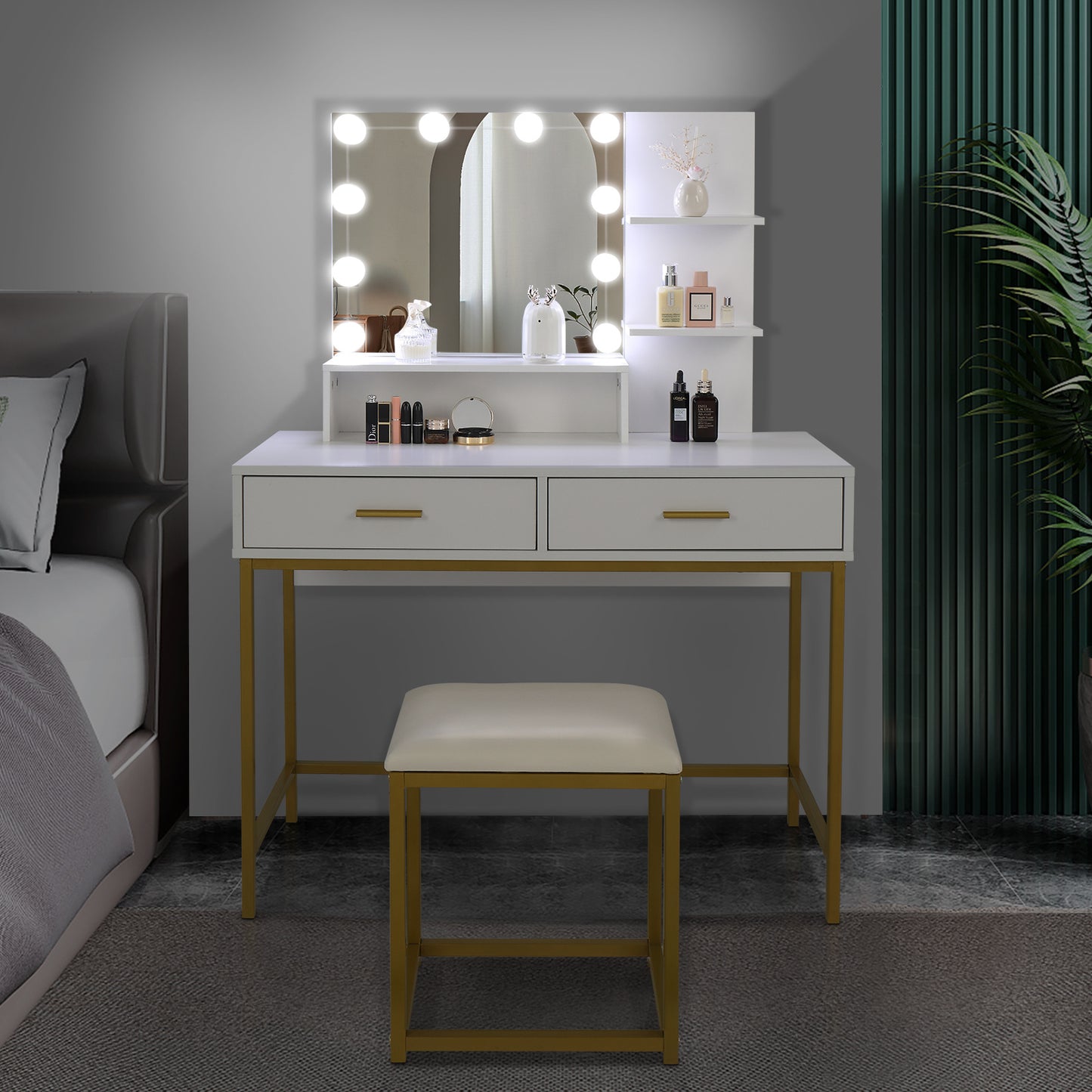 FCH Large Vanity Set with 10 LED Bulbs, Makeup Table with Cushioned Stool, 3 Storage Shelves and 2 Drawers