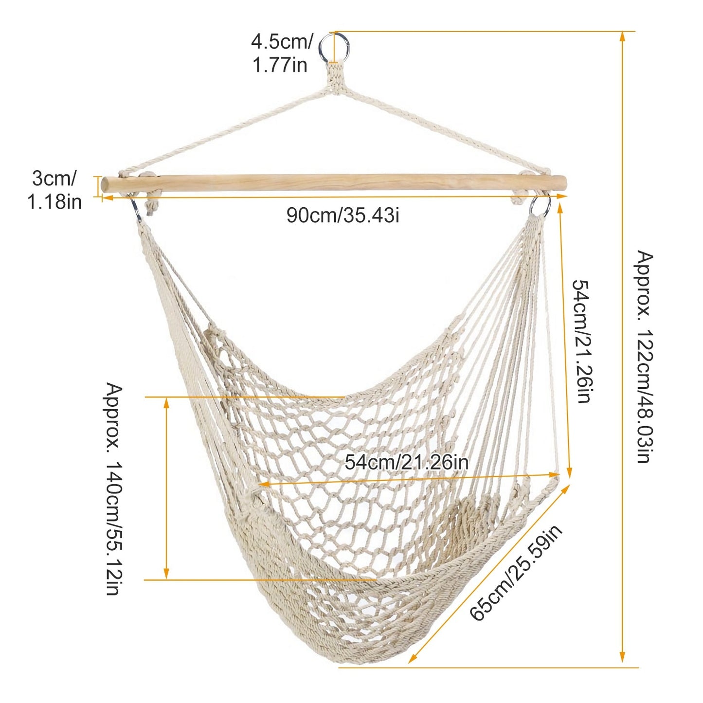 Hammock Chair Hanging Rope Seat Swing w/ Wooden Stick 220lbs Load for Patio Yard Porch Outdoor Bedroom Indoor