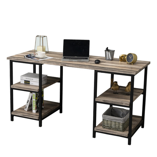Rustic Modern 59 Inch Trestle Computer Desk with 2-Tier Shelves