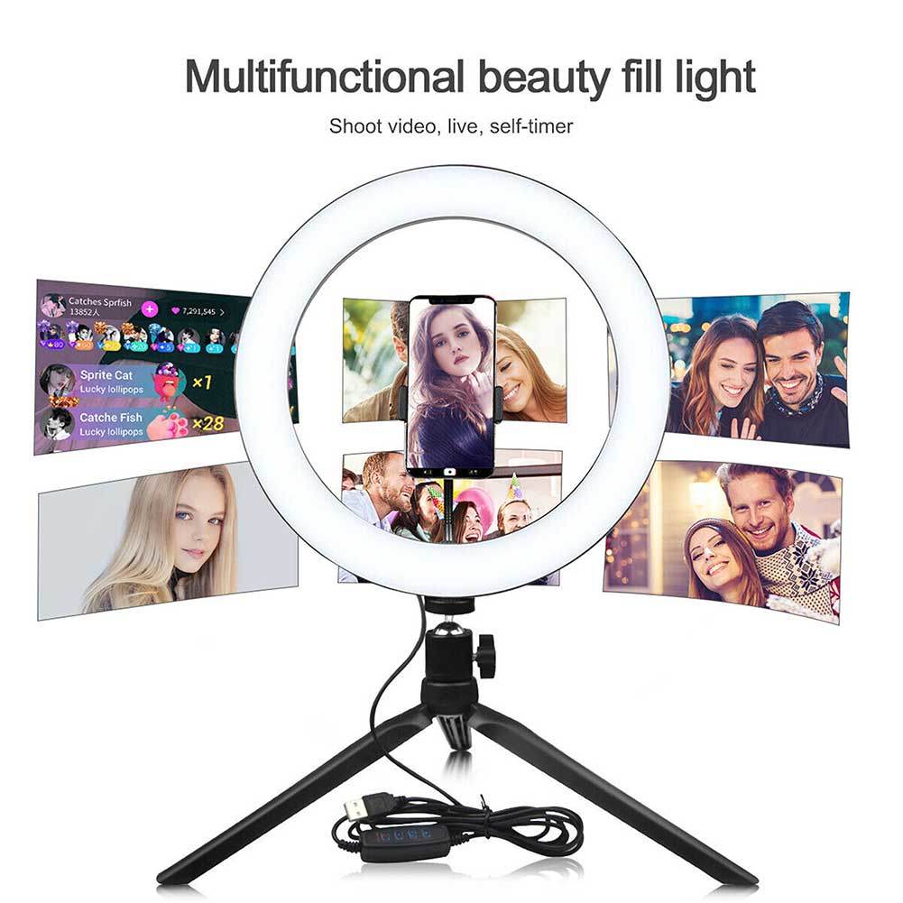 4-in-1 Dimmable USB LED Ring Light Mirror Tripod Stand with phone holder