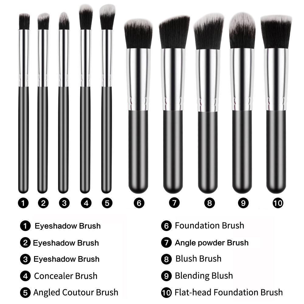 Black and silver Makeup Brush Set-10pcs Soft Nylon Bristles