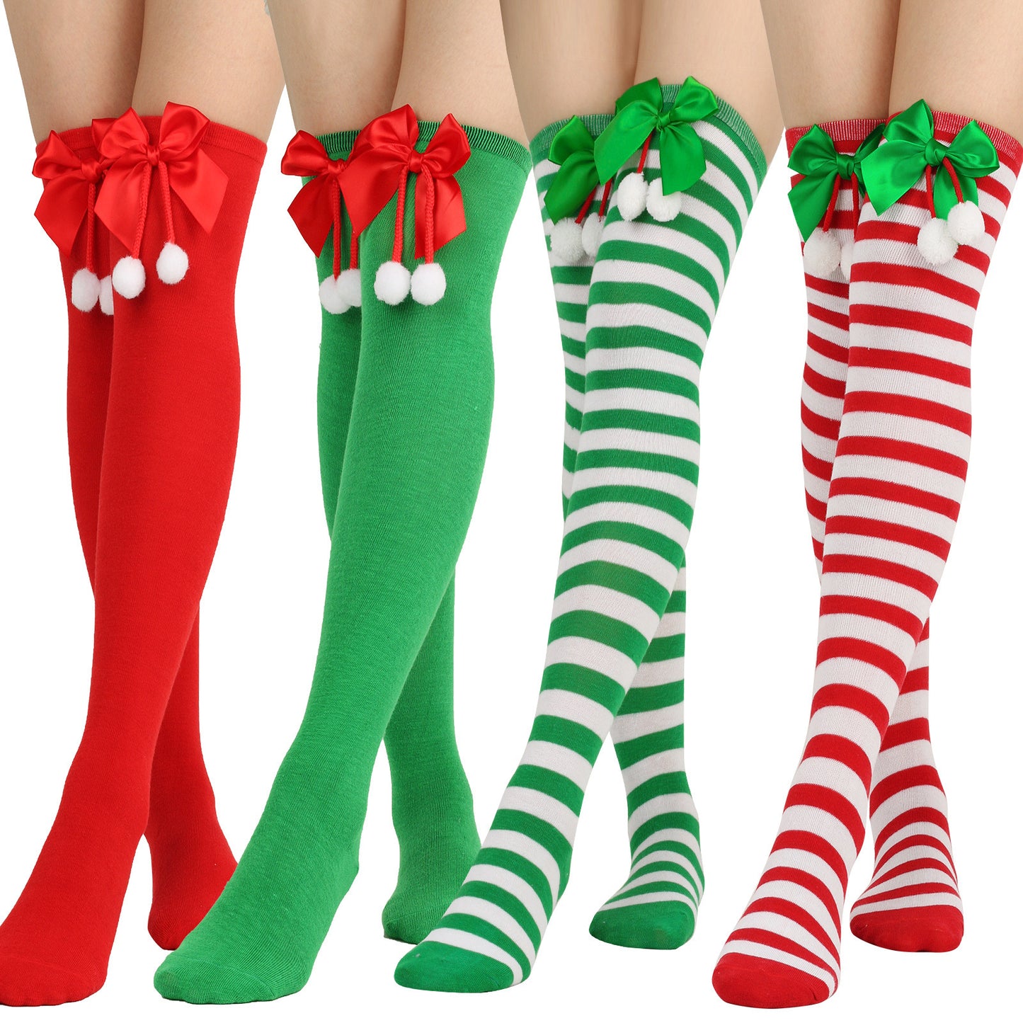 4pcs Women Christmas Long Tube Knee Socks Striped