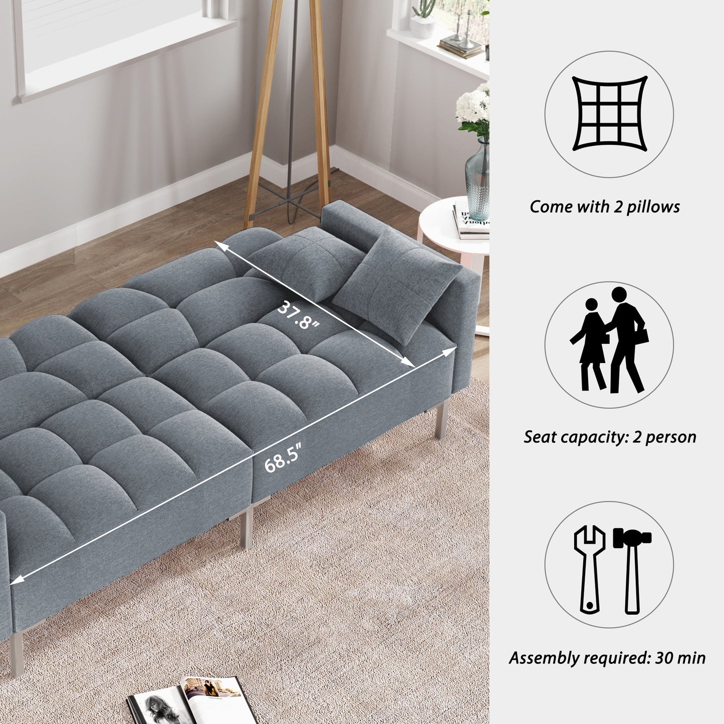 Modern Linen Upholstered Convertible Folding Futon Sofa Bed for Compact Living Space, an Apartment or Dorm